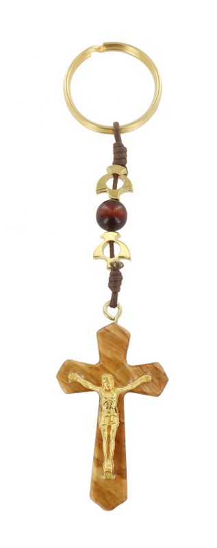 portachiavi croce ulivo con cristo dorato e colombe metallo