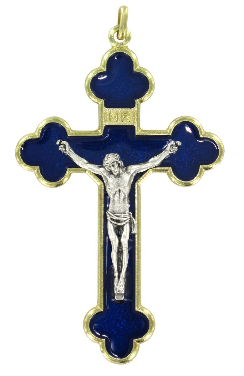 croce in metallo dorato con smalto blu e cristo riportato - 8 cm