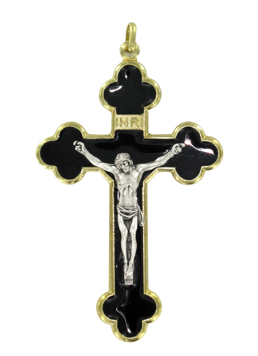 croce in metallo dorato con smalto nero e cristo riportato - 8 cm