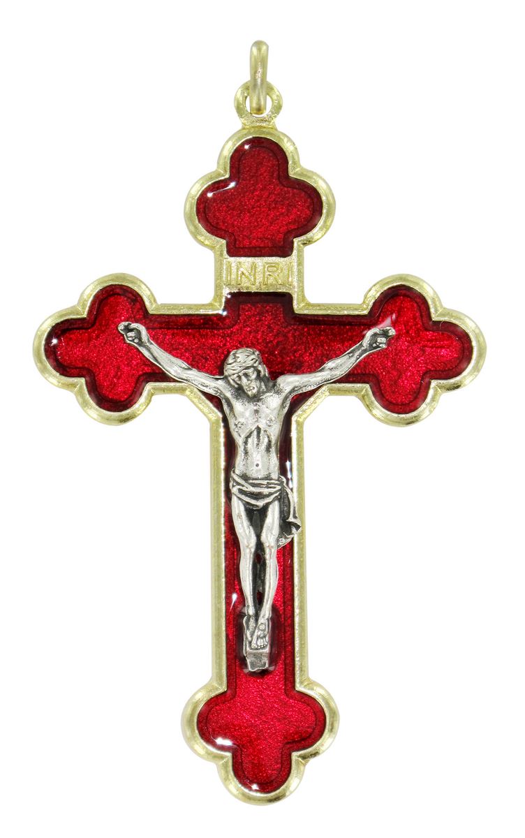 croce in metallo dorato con smalto rosso e cristo riportato - 8 cm