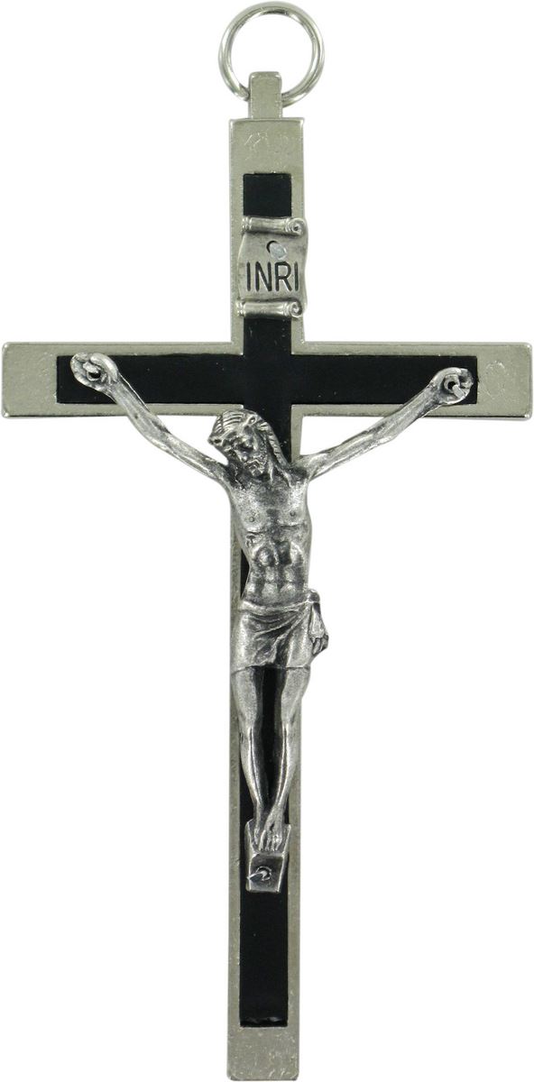 croce in metallo nichelato con intarsio nero - 11 cm