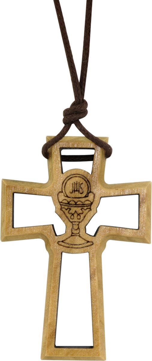 bomboniera comunione: croce in legno d'ulivo traforata con calice - 4,7 cm