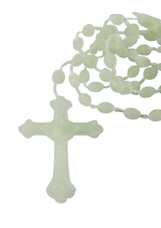 rosario economico in plastica, rosario cattolico per preghiera con grani tondi lisci e crociera con immagine della madonna con bambino e sacro cuore di gesù, nylon, fosforo, diam. grani 6mm