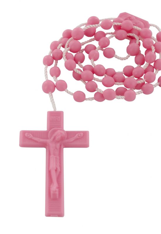 rosario economico in plastica, rosario cattolico per preghiera con grani tondi lisci e crociera con immagine della madonna con bambino e sacro cuore di gesù, nylon, rosa, diam. grani 6mm