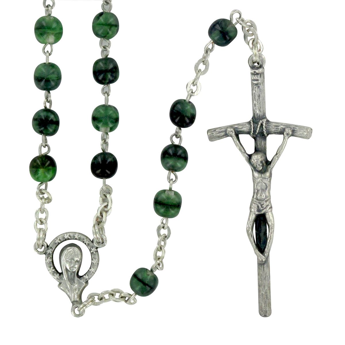 rosario imitazione malachite mm 5 legatura a mano in ottone argentato