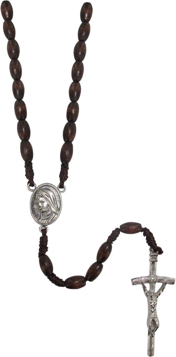 rosario in legno marrone ovale con legatura in seta