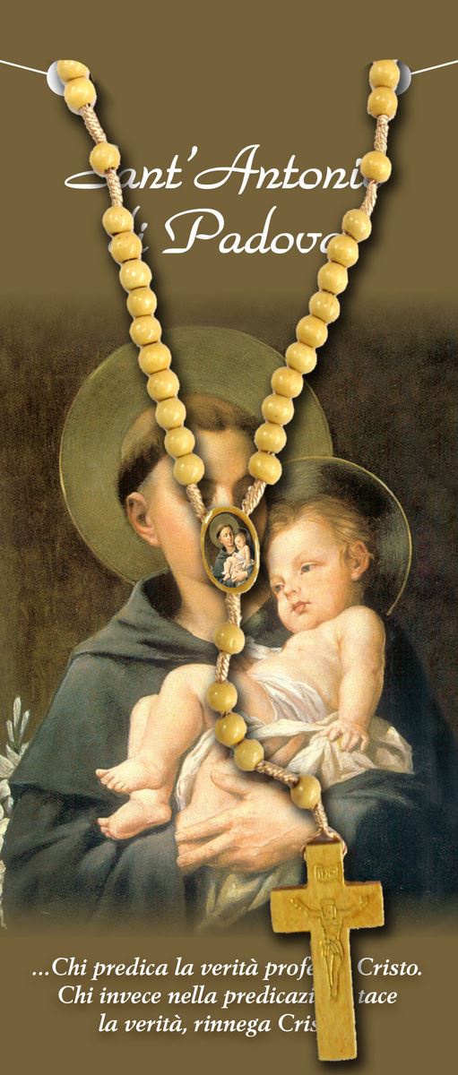 rosario sant antonio con grani in legno mm 5 legatura seta con busta trasparente 