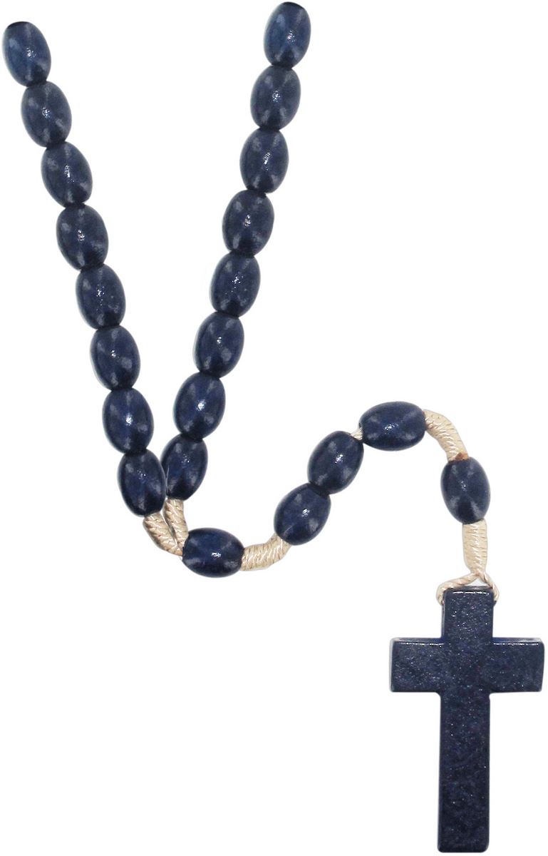 rosario con grani ovali in legno blu scuro mm 8 con legatura in seta