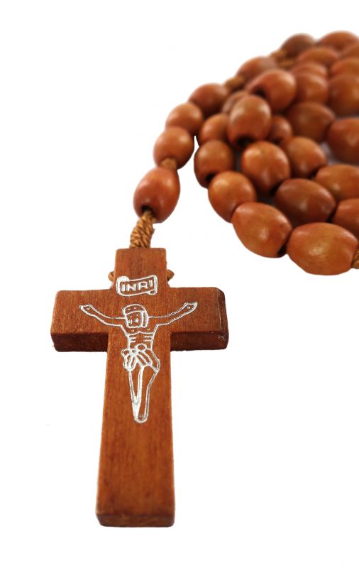 rosario con grani ovali in legno naturale mm 8 con legatura in seta