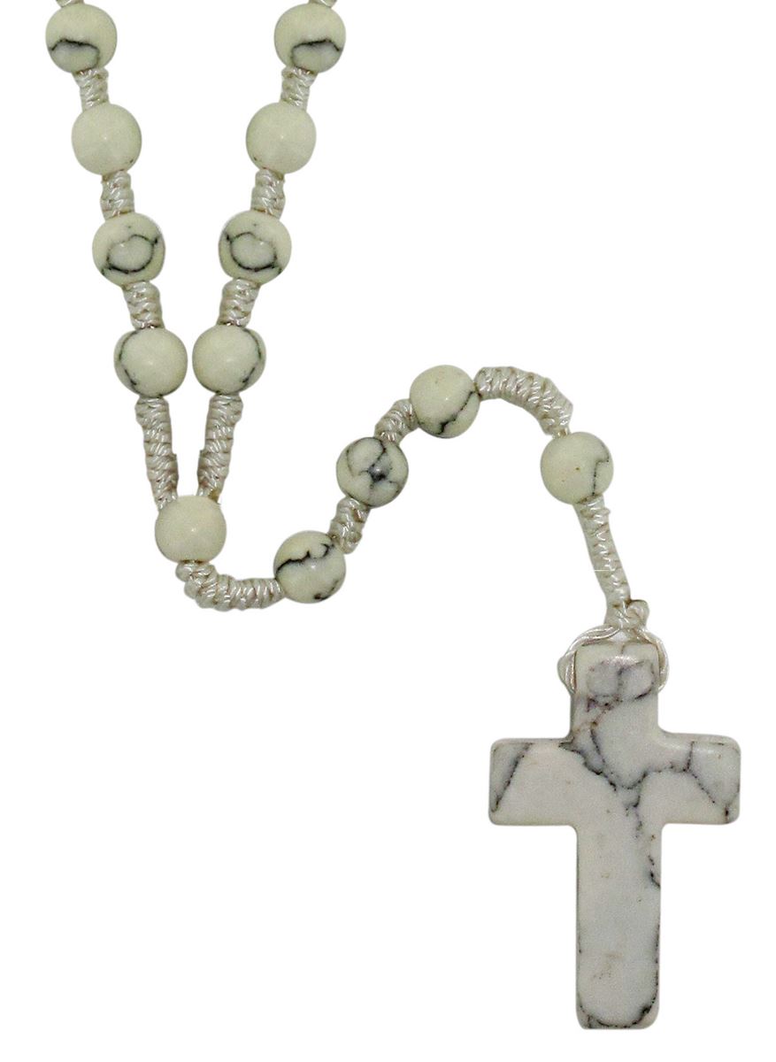 rosario effetto marmorizzato con grani tondi e croce mm 6 legatura in seta 