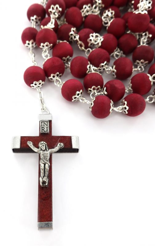 rosario in legno rosso con grani da 9 mm e coppiglie