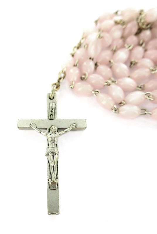 rosario imitazione madreperla mm 4 legatura ottone argentato rosa