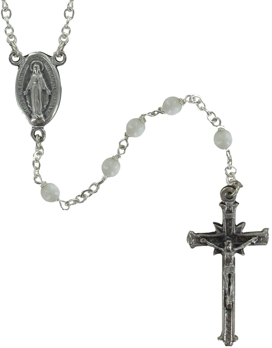 rosario vera madreperla tonda mm 4 legatura  a girello ottone argentato