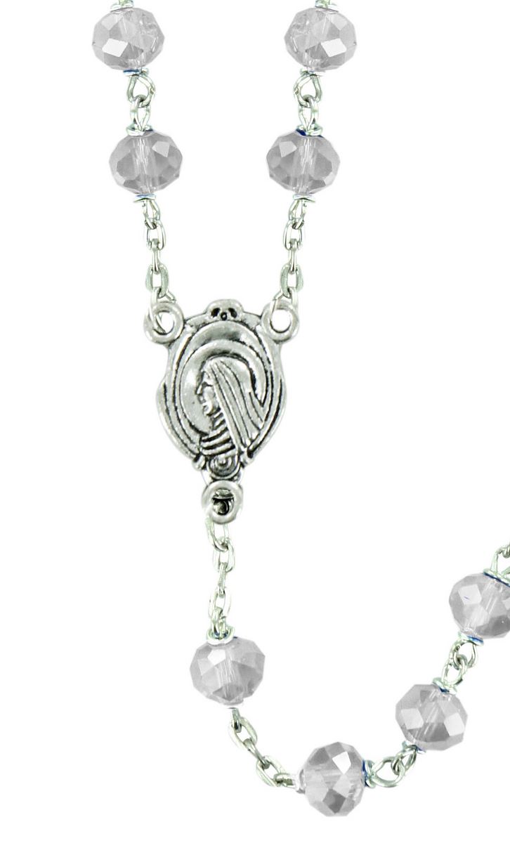 rosario cristallo sfaccettato con grani mm 6 colore bianco trasparante legatura in metallo