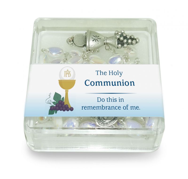 rosario prima comunione in vetro perlato con scatolina - inglese