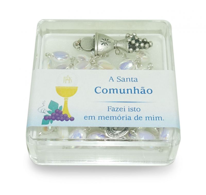 rosario prima comunione in vetro perlato con scatolina - portoghese