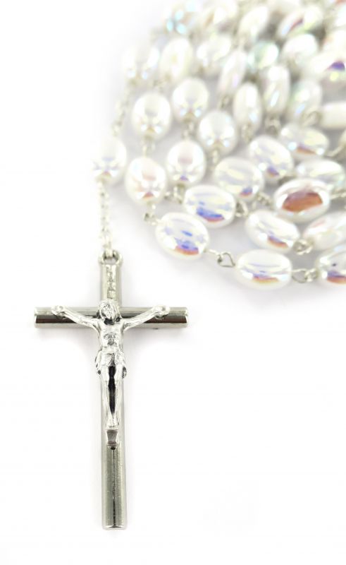 stock:rosario vetro bianco irridescente  legatura a mano in metallo argentato