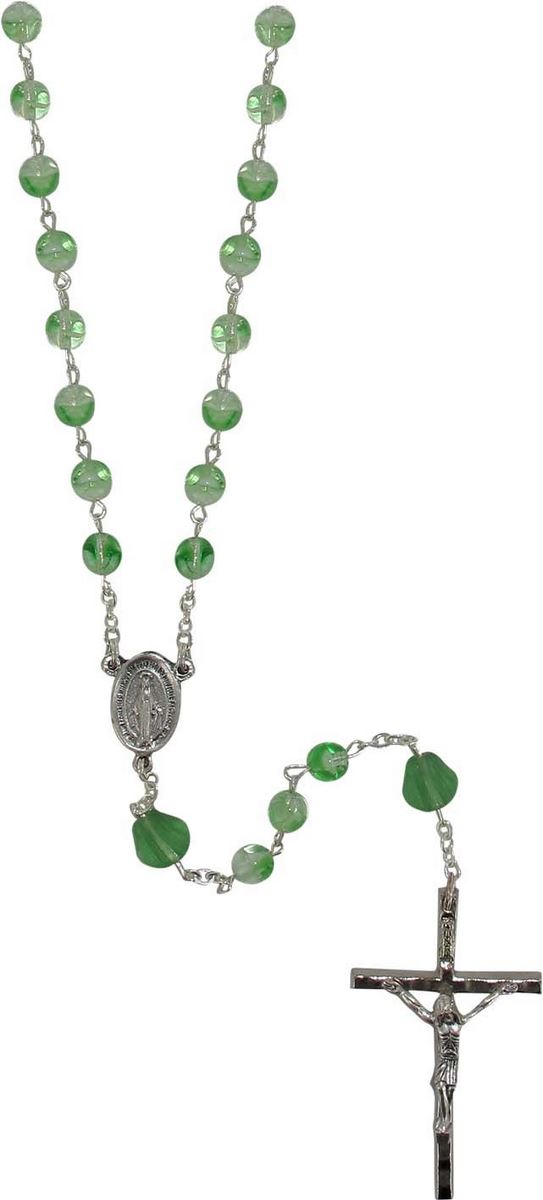 rosario vetro tondo mm 6  con pater conghiglia e  legatura in ottone argentato - verde