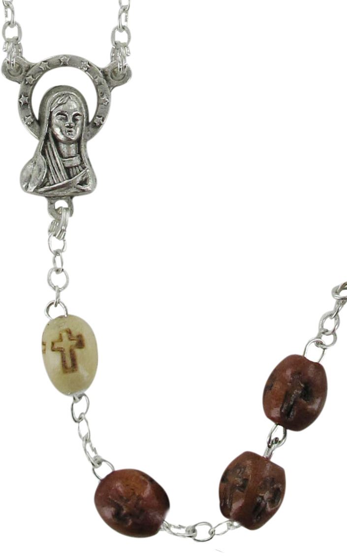 rosario in legno naturale mm 6 con incisione e legatura in metallo argentato