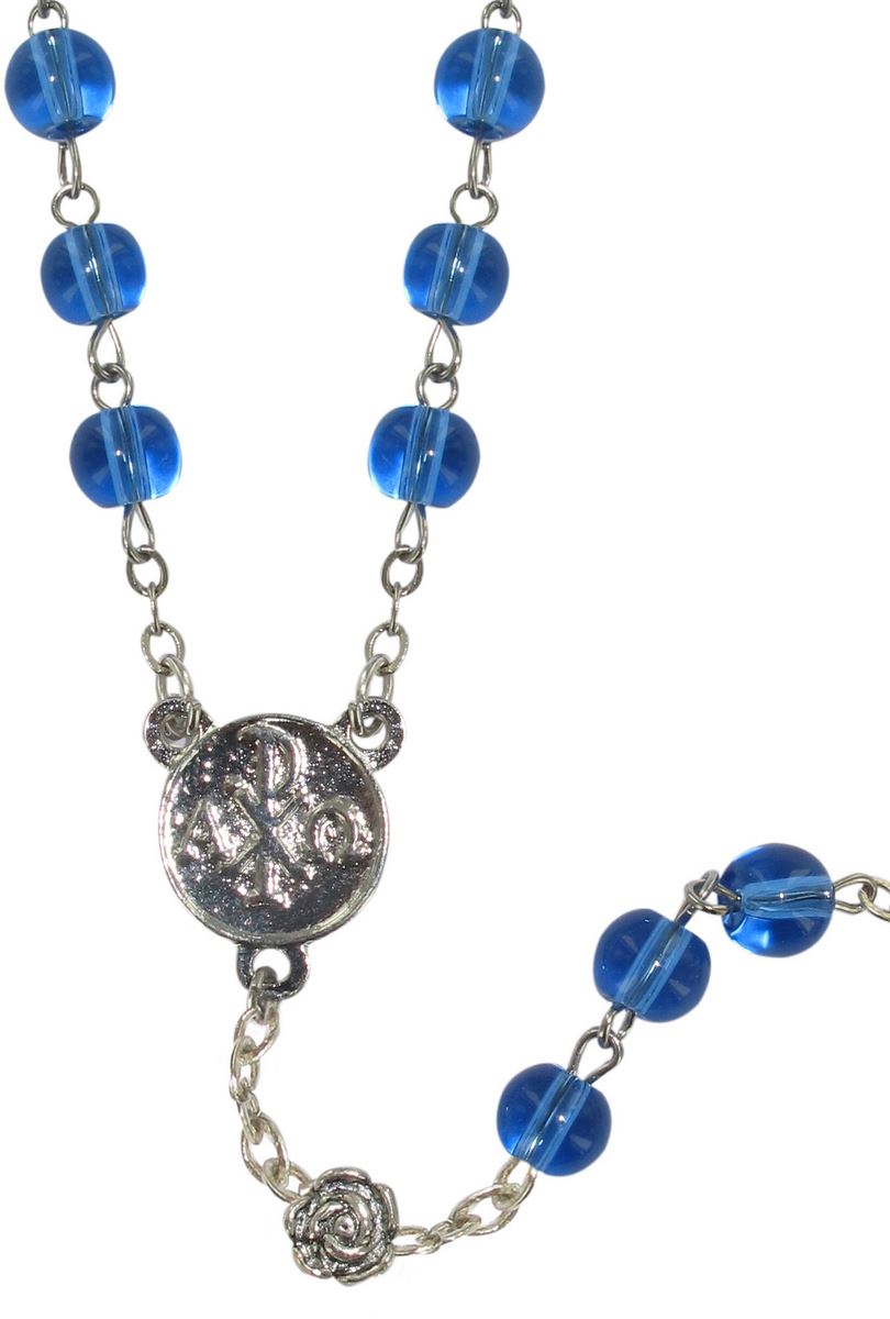 rosario con grani in vetro blu con roselline e legatura in metallo