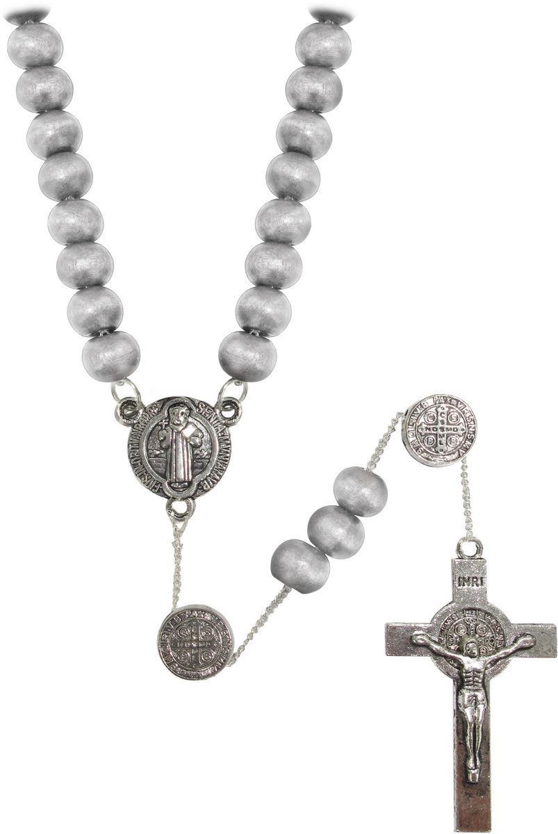rosario di san benedetto in legno tondo bianco diametro 7 mm con pater e legatura in metallo e chiusura con moschettone