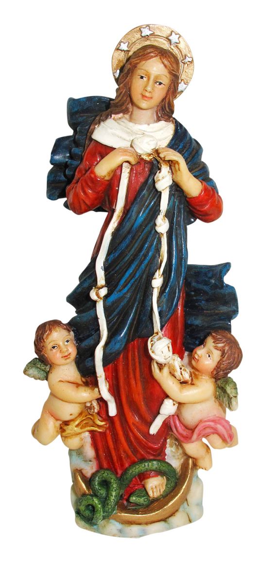 statua di maria che scioglie i nodi da 20 cm in confezione regalo con segnalibro in it/en/es/fr