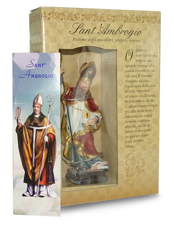 ferrari & arrighetti statua di sant'ambrogio da 12 cm in confezione regalo con segnalibro, statuetta personaggio religioso con scatola regalo decorativa, testi in it