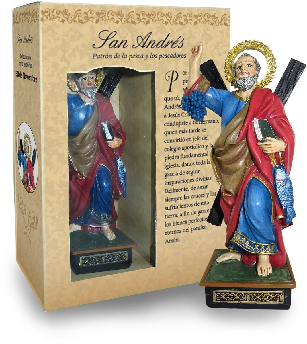 statua di sant'andrea da 12 cm in confezione regalo con segnalibro in versione spagnolo