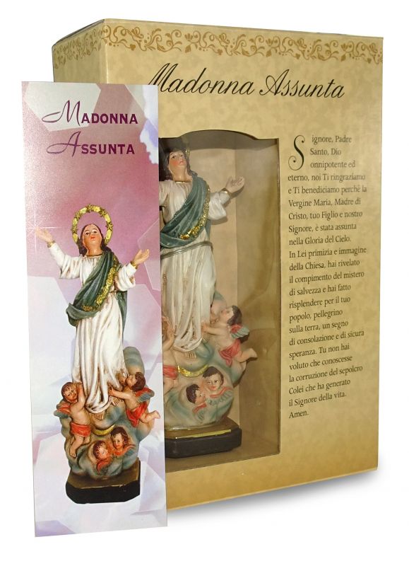 ferrari & arrighetti statua della madonna assunta in cielo da 12 cm in confezione regalo con segnalibro, statuetta personaggio religioso con scatola regalo decorativa, testi in it