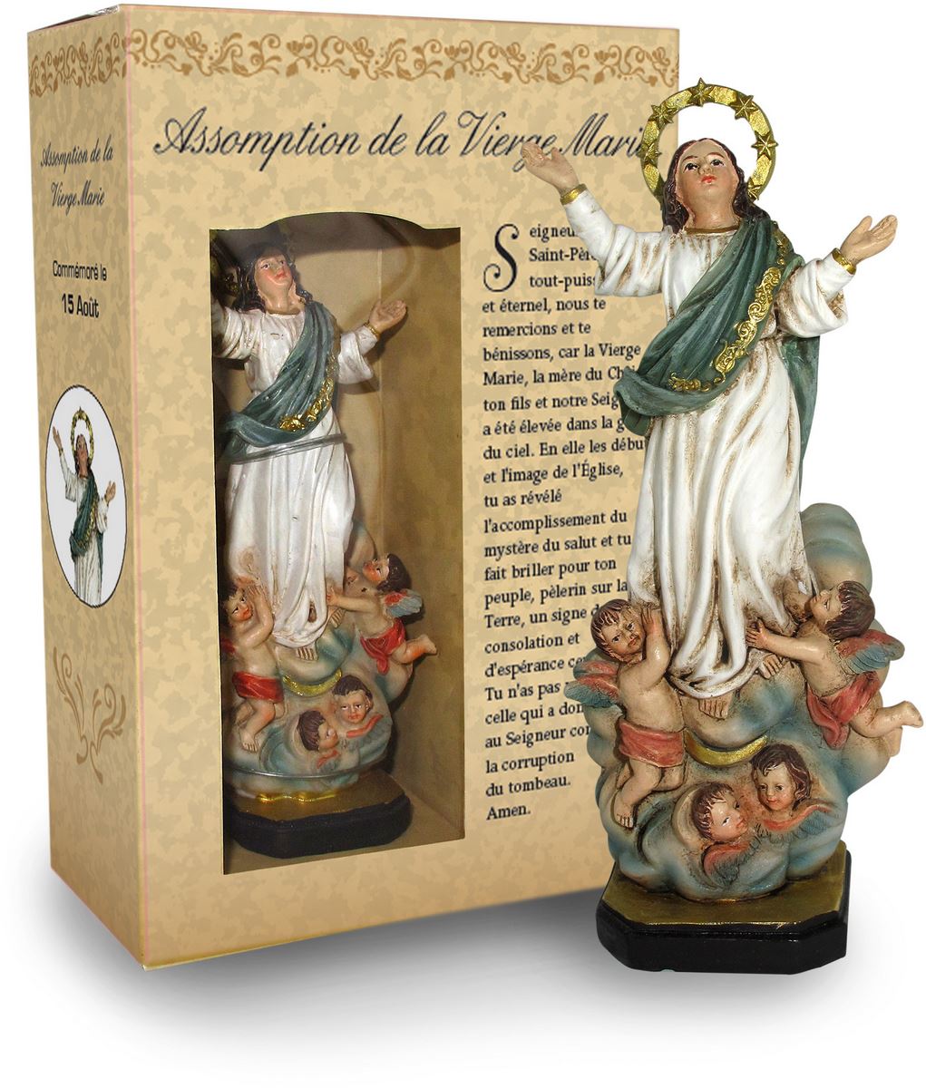 ferrari & arrighetti statua di madonna assunta in cielo da 12 cm in confezione regalo con segnalibro, statuetta personaggio religioso con scatola regalo decorativa, testi in francese