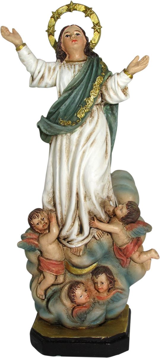 ferrari & arrighetti statua di madonna assunta in cielo da 12 cm in confezione regalo con segnalibro, statuetta personaggio religioso con scatola regalo decorativa, testi in francese