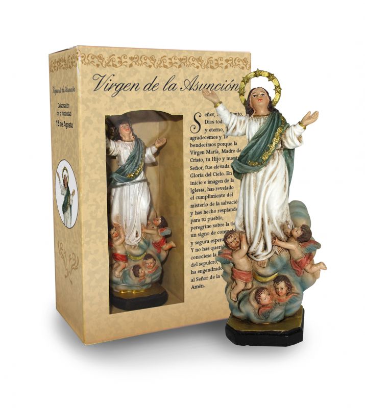 ferrari & arrighetti statua di madonna assunta in cielo da 12 cm in confezione regalo con segnalibro, statuetta personaggio religioso con scatola regalo decorativa, testi in spagnolo
