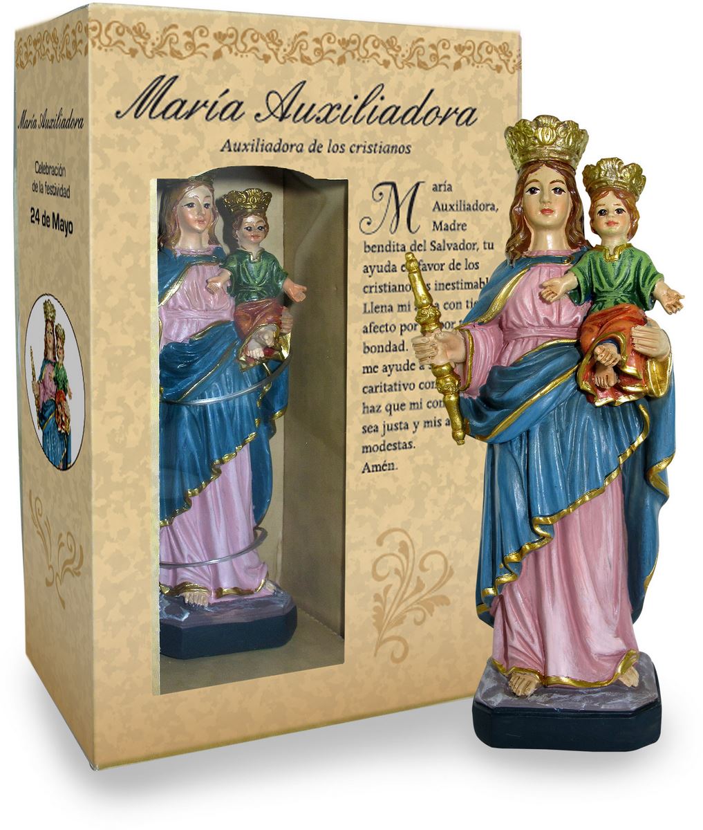 statua di maria ausiliatrice da 12 cm in confezione regalo con segnalibro in versione spagnolo