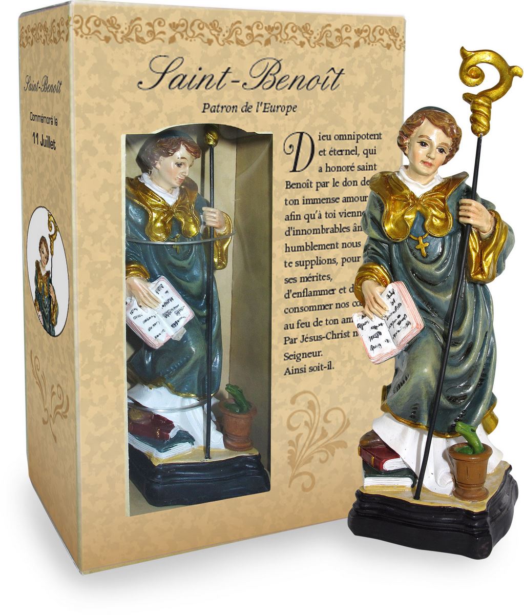 ferrari & arrighetti statua di san benedetto da 12 cm in confezione regalo con segnalibro, statuetta personaggio religioso con scatola regalo decorativa, testi in francese