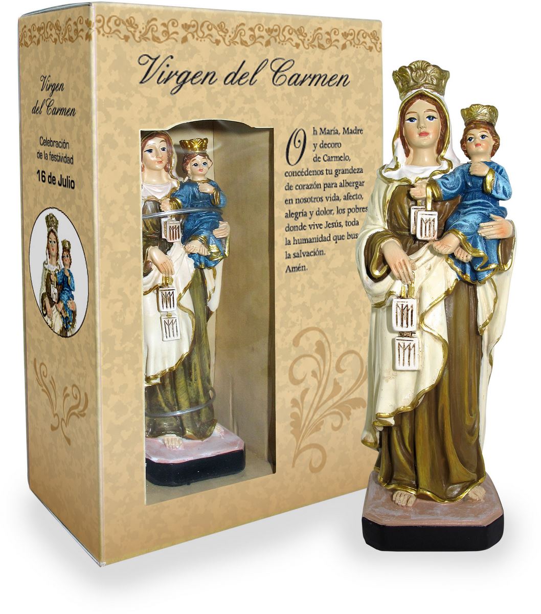 statua di madonna del carmine da 12 cm in confezione regalo con segnalibro in versione spagnolo