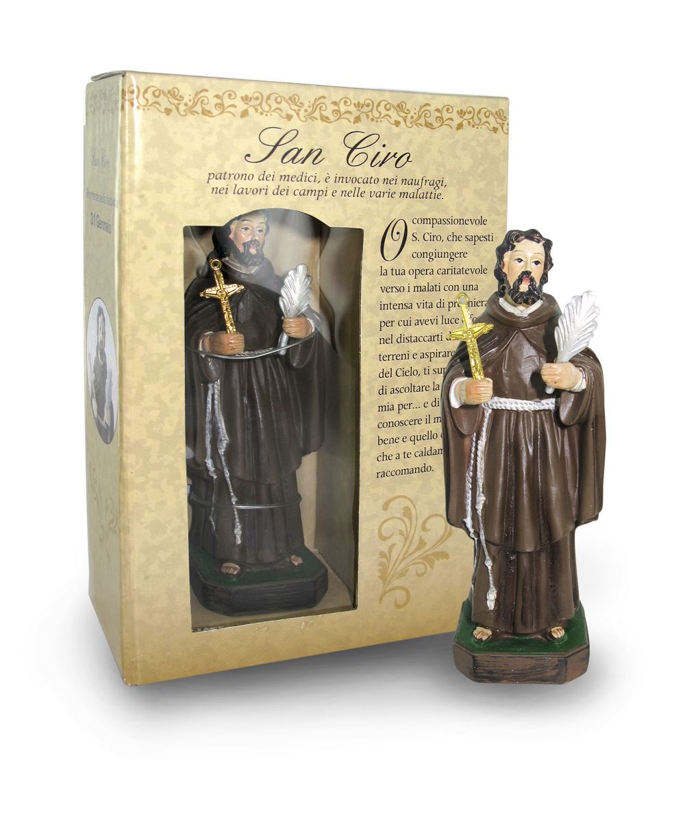 ferrari & arrighetti statua di san ciro da 12 cm in confezione regalo con segnalibro, statuetta personaggio religioso con scatola regalo decorativa, testi in it