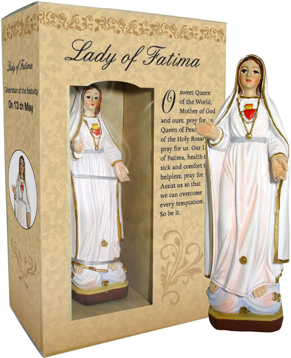 statua della madonna di fatima da 12 cm in confezione regalo con segnalibro in versione inglese