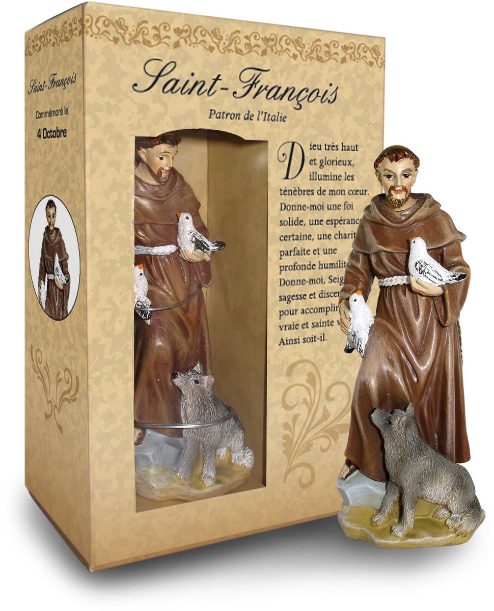 statua di san francesco da 12 cm in confezione regalo con segnalibro in versione francese