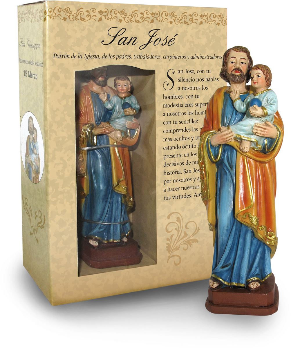 statua di san giuseppe con bambino da 12 cm in confezione regalo con segnalibro in versione spagnolo