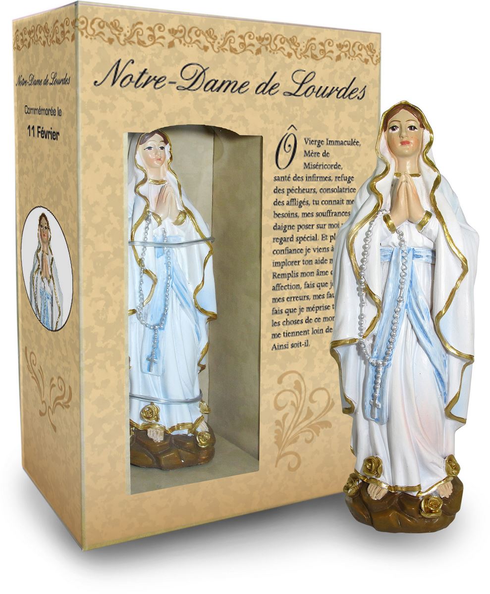 statua della madonna di lourdes da 12 cm in confezione regalo con segnalibro in versione francese