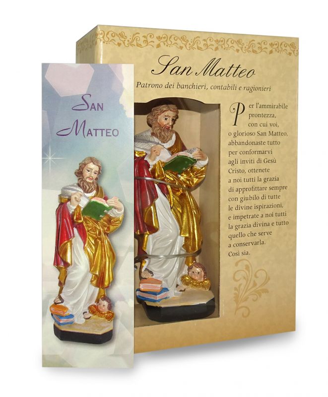ferrari & arrighetti statua di san matteo da 12 cm in confezione regalo con segnalibro, statuetta personaggio religioso con scatola regalo decorativa, testi in it