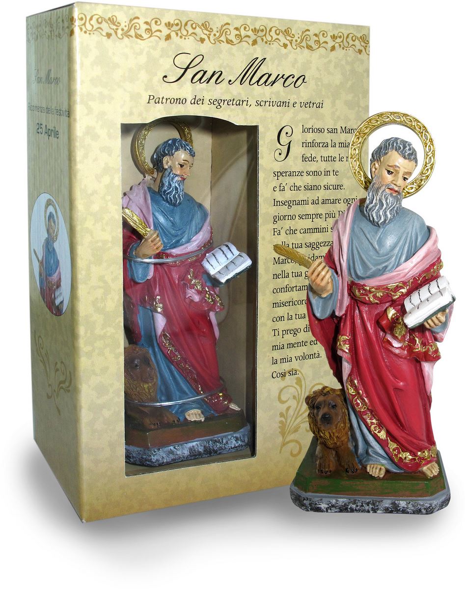 ferrari & arrighetti statua di san marco da 12 cm in confezione regalo con segnalibro, statuetta personaggio religioso con scatola regalo decorativa, testi in it