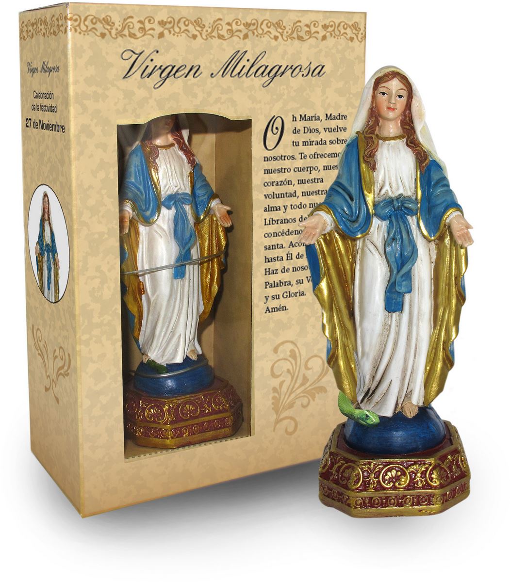 statua della madonna miracolosa da 12 cm in confezione regalo con segnalibro in versione spagnolo