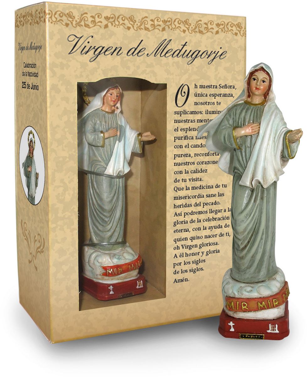 ferrari & arrighetti statua della madonna di medjugorje da 12 cm in confezione regalo con segnalibro, statuetta personaggio religioso con scatola regalo decorativa, testi in it
