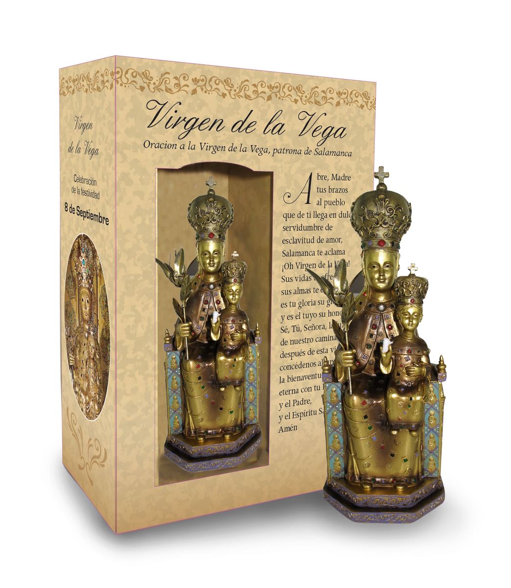 statua della madonna di salamanca da 12 cm in confezione regalo con segnalibro in versione spagnolo