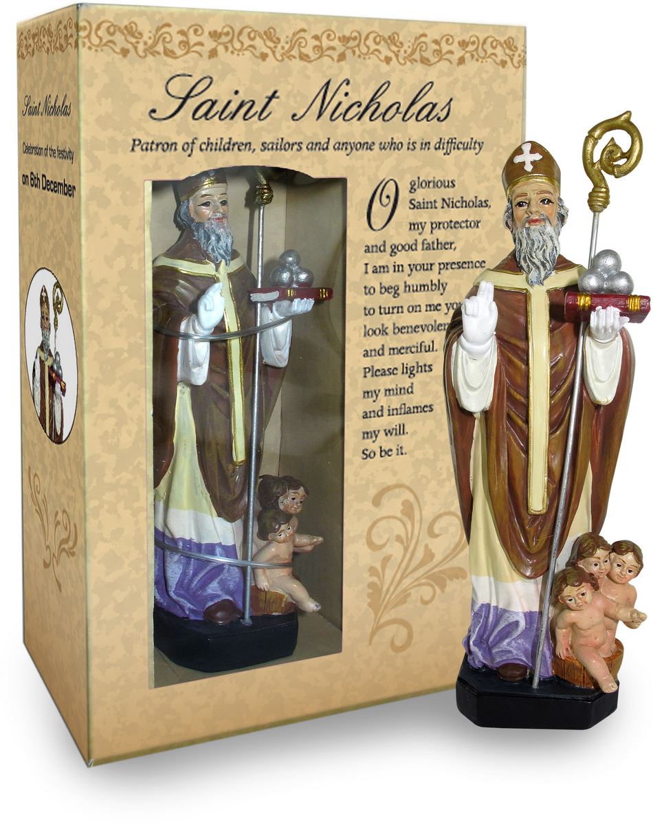 statua di san nicola da 12 cm in confezione regalo con segnalibro in versione inglese