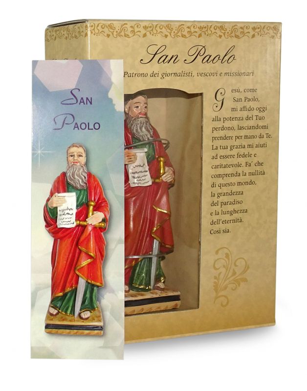 ferrari & arrighetti statua di san paolo da 12 cm in confezione regalo con segnalibro, statuetta personaggio religioso con scatola regalo decorativa, testi in it