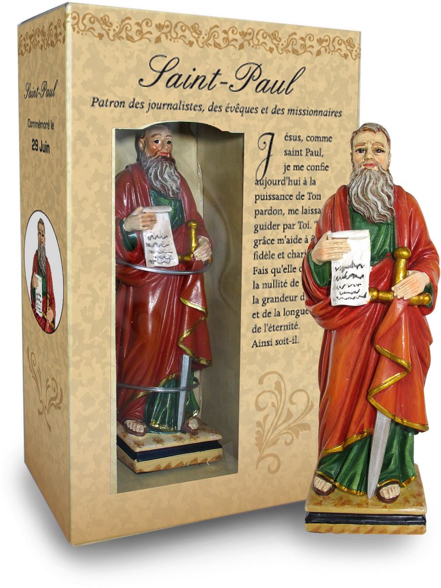 ferrari & arrighetti statua di san paolo da 12 cm in confezione regalo con segnalibro, statuetta personaggio religioso con scatola regalo decorativa, testi in francese