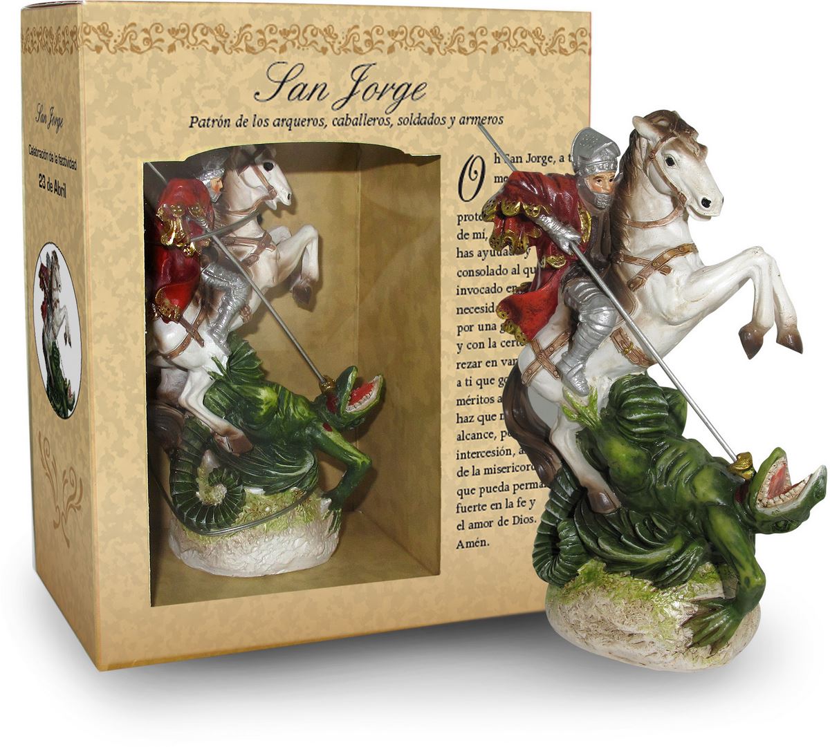 ferrari & arrighetti statua di san giorgio da 12 cm in confezione regalo con segnalibro, statuetta personaggio religioso con scatola regalo decorativa, testi in spagnolo