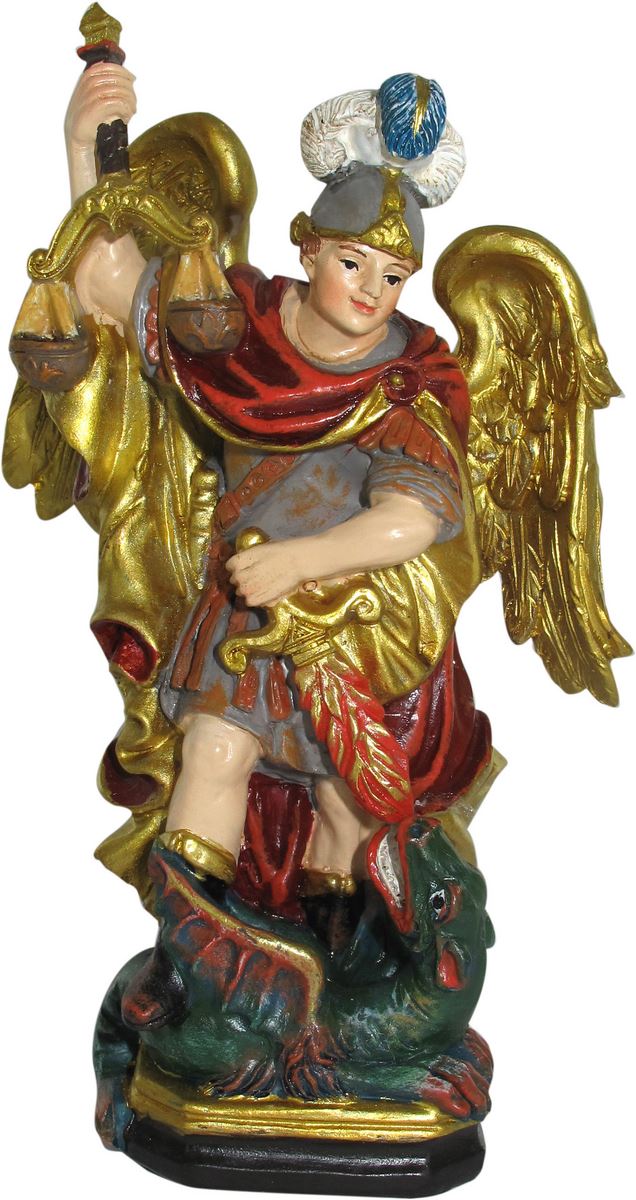 ferrari & arrighetti statua di san michele arcangelo da 12 cm in confezione regalo con segnalibro, statuetta personaggio religioso con scatola regalo decorativa, testi in it/en/es/fr